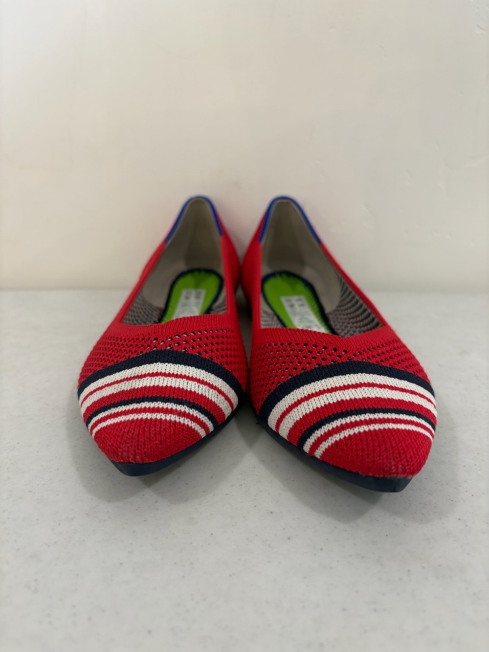 Rothy's Red Knit Pointed Toe Flats with Navy and White Stripes